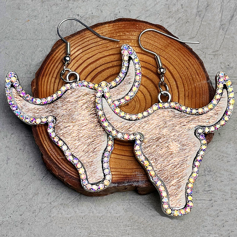 Wholesale Diamond-studded genuine leather bull head-shaped western earrings